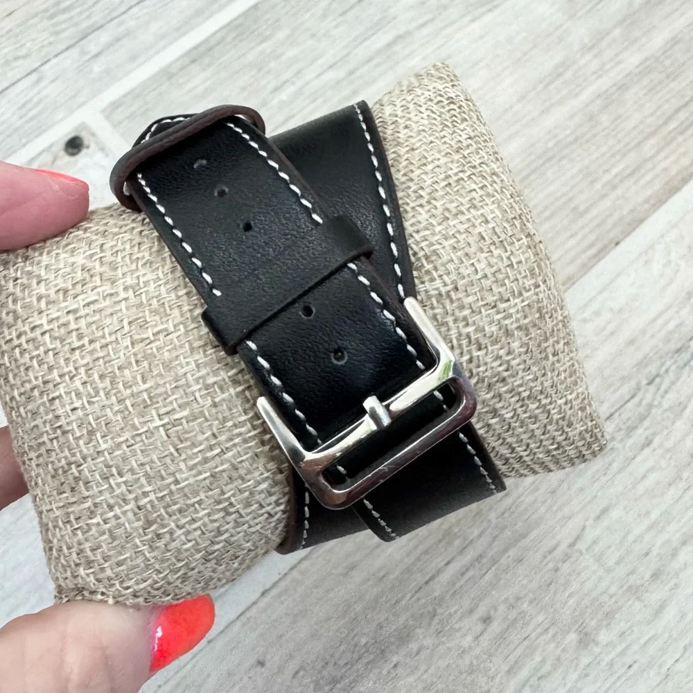 Gold Case Black Leather Wrap Wristband for Smartwatch